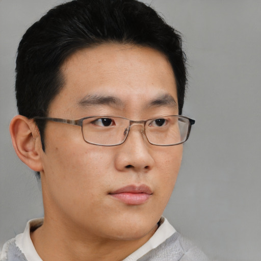 Neutral asian young-adult male with short  black hair and brown eyes