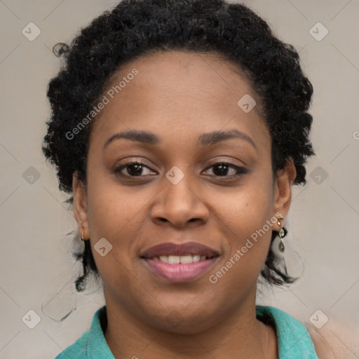 Joyful black young-adult female with medium  brown hair and brown eyes