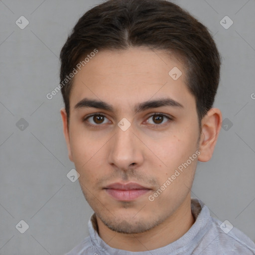 Neutral white young-adult male with short  brown hair and brown eyes