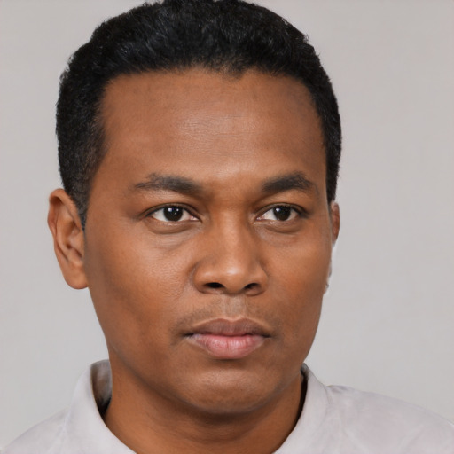 Neutral black young-adult male with short  black hair and brown eyes