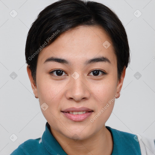 Joyful asian young-adult female with short  brown hair and brown eyes