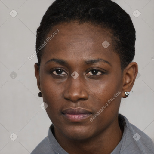 Neutral black young-adult female with short  black hair and brown eyes
