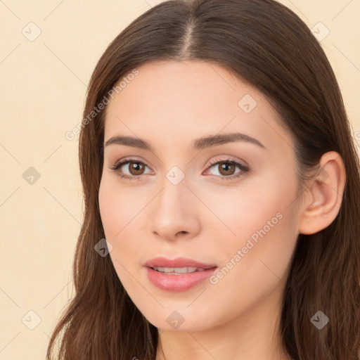 Neutral white young-adult female with long  brown hair and brown eyes