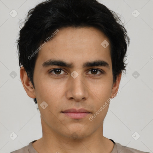 Neutral asian young-adult male with short  black hair and brown eyes