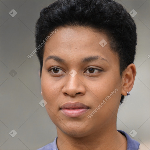 Joyful black young-adult female with short  black hair and brown eyes