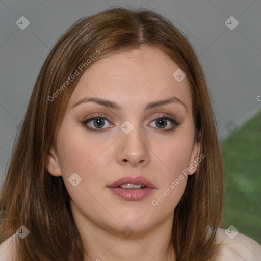 Neutral white young-adult female with medium  brown hair and brown eyes