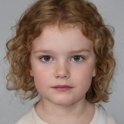 Neutral white child female with medium  brown hair and blue eyes