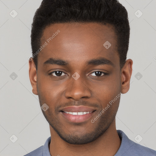 Joyful black young-adult male with short  brown hair and brown eyes