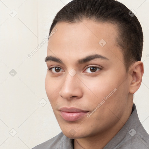 Neutral white young-adult male with short  brown hair and brown eyes