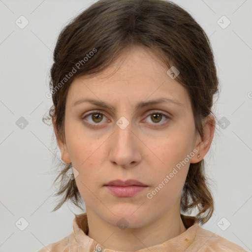 Neutral white young-adult female with medium  brown hair and brown eyes