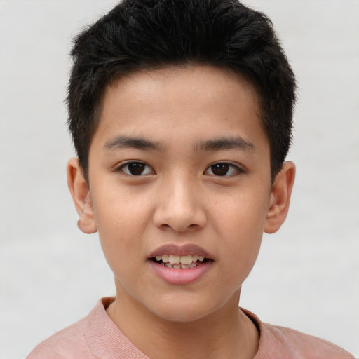 Joyful asian child male with short  brown hair and brown eyes