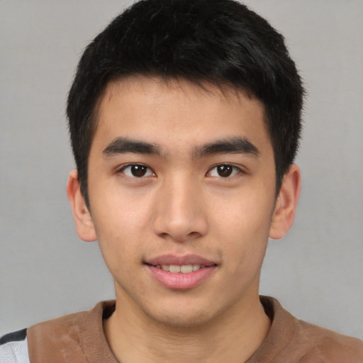 Neutral asian young-adult male with short  brown hair and brown eyes