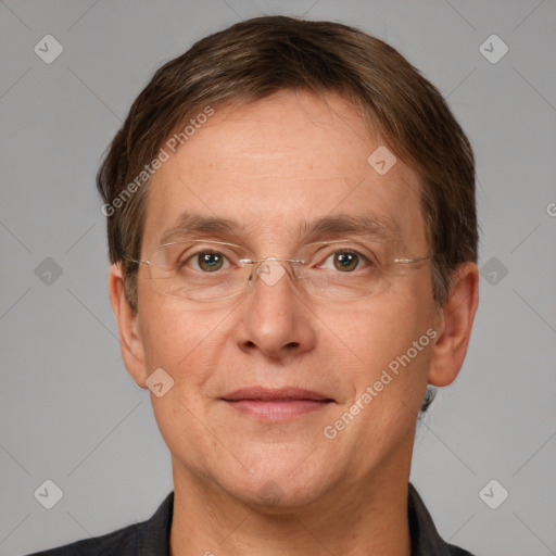 Joyful white adult male with short  brown hair and grey eyes