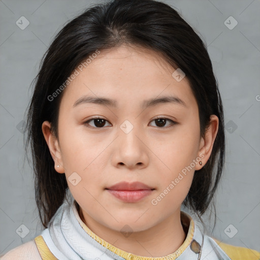 Neutral white young-adult female with medium  brown hair and brown eyes