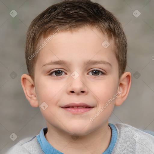 Joyful white child male with short  brown hair and brown eyes