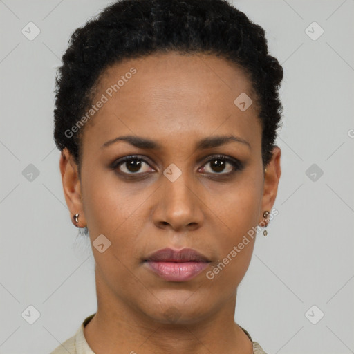 Neutral black young-adult female with short  black hair and brown eyes