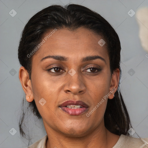 Joyful latino young-adult female with medium  brown hair and brown eyes