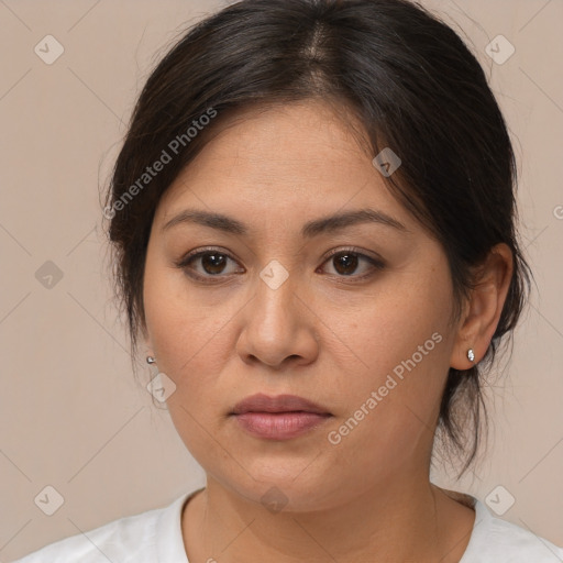 Joyful white young-adult female with medium  brown hair and brown eyes