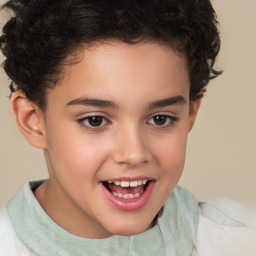 Joyful white child female with short  brown hair and brown eyes