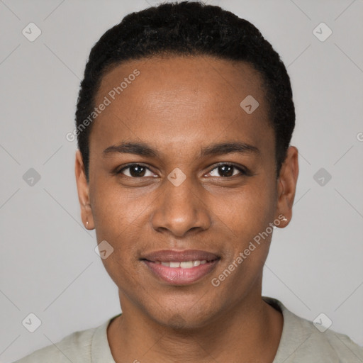 Joyful black young-adult male with short  black hair and brown eyes