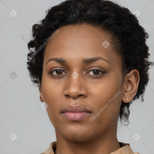 Neutral black young-adult female with short  black hair and brown eyes