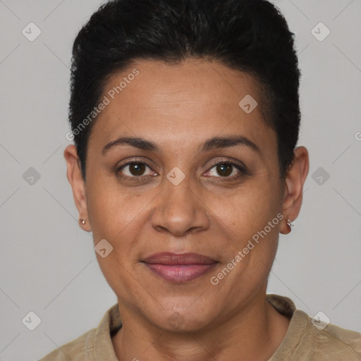 Joyful white adult female with short  brown hair and brown eyes