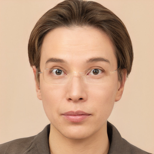 Neutral white young-adult male with short  brown hair and grey eyes