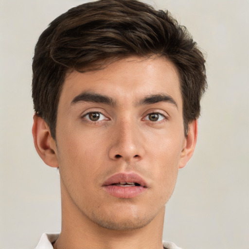 Neutral white young-adult male with short  brown hair and brown eyes