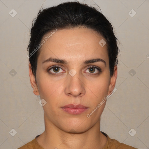 Neutral white young-adult female with short  brown hair and brown eyes