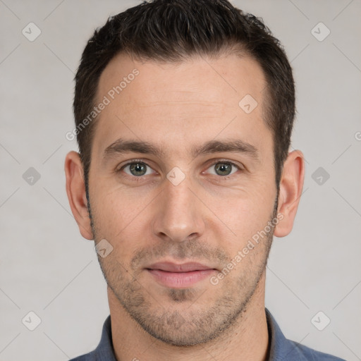 Neutral white young-adult male with short  brown hair and brown eyes