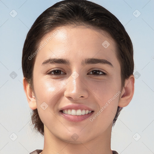 Joyful white young-adult female with medium  brown hair and brown eyes