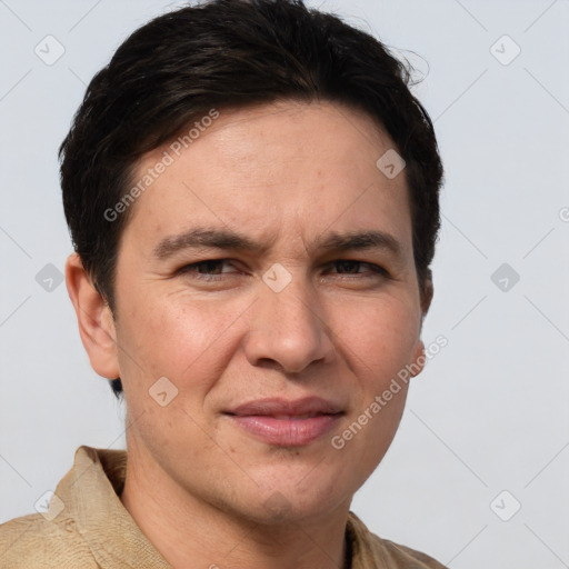 Joyful white adult male with short  brown hair and grey eyes