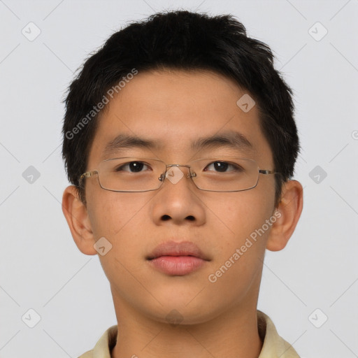 Neutral asian young-adult male with short  brown hair and brown eyes