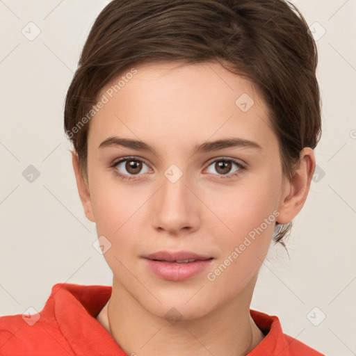 Neutral white young-adult female with short  brown hair and brown eyes