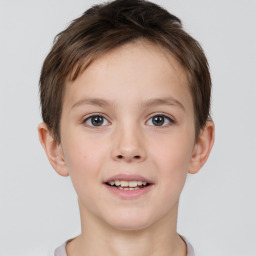 Joyful white child female with short  brown hair and brown eyes