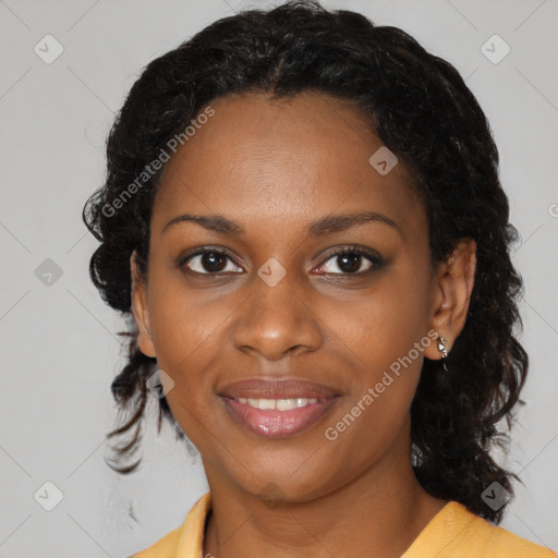 Joyful black young-adult female with medium  black hair and brown eyes