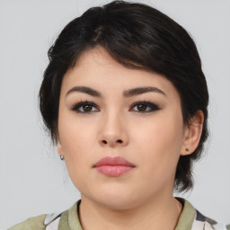 Neutral asian young-adult female with medium  brown hair and brown eyes