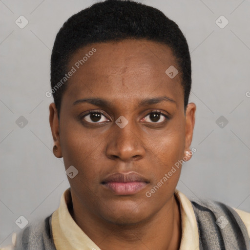 Neutral black young-adult female with short  black hair and brown eyes