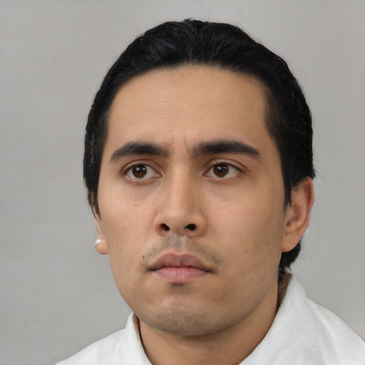 Neutral asian young-adult male with short  black hair and brown eyes