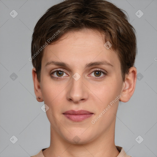 Joyful white young-adult female with short  brown hair and brown eyes