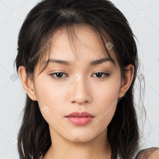 Neutral asian young-adult female with long  brown hair and brown eyes