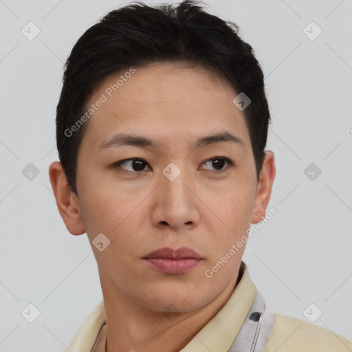 Neutral asian young-adult male with short  brown hair and brown eyes