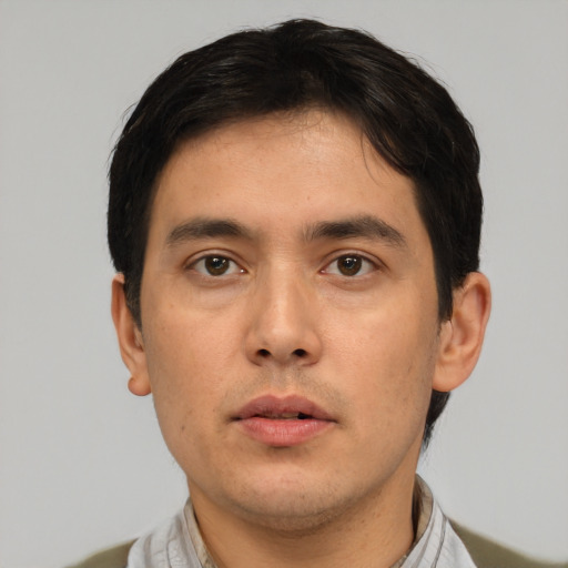 Neutral asian young-adult male with short  black hair and brown eyes