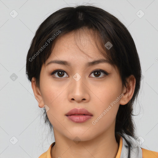 Neutral asian young-adult female with medium  brown hair and brown eyes