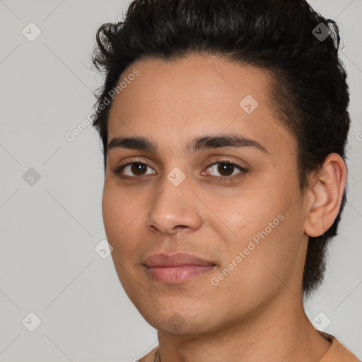 Joyful white young-adult female with short  black hair and brown eyes