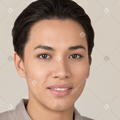 Joyful white young-adult female with short  brown hair and brown eyes