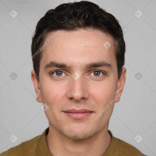 Neutral white young-adult male with short  brown hair and brown eyes