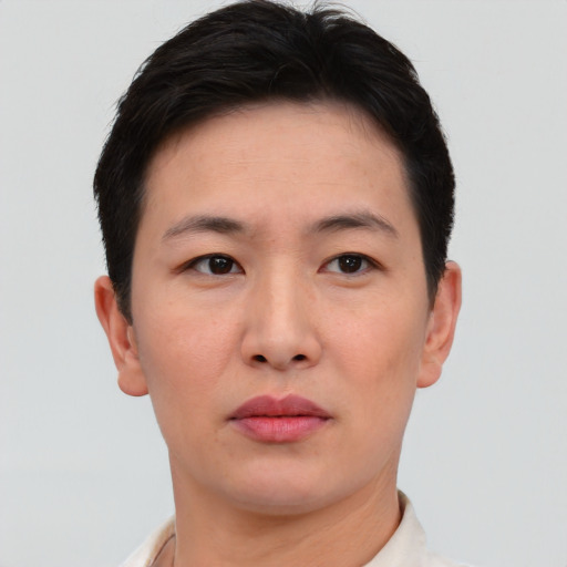 Neutral asian young-adult female with short  black hair and brown eyes
