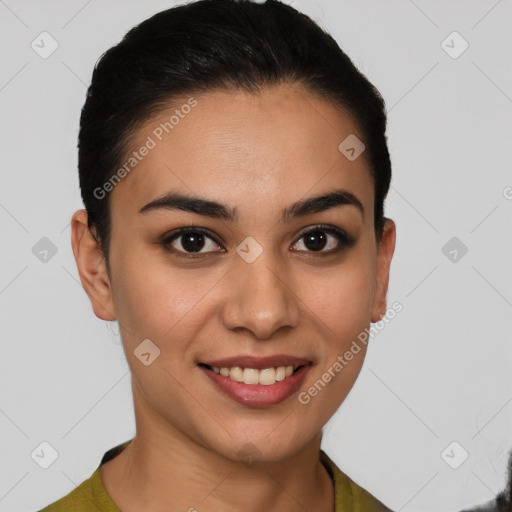 Joyful white young-adult female with short  brown hair and brown eyes