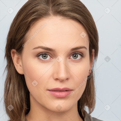 Neutral white young-adult female with medium  brown hair and grey eyes